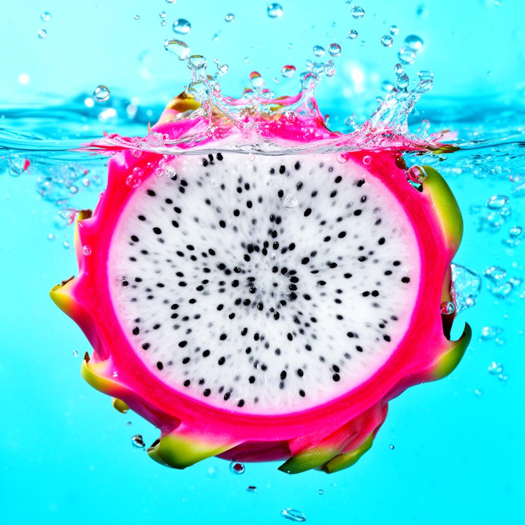 Frische Drachenfrucht spritzt ins eiskalte Wasser